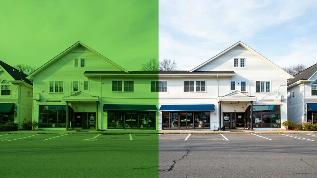 Before-and-after view of a clean commercial storefront facade after soft-wash treatment