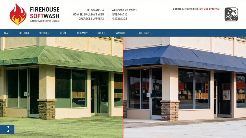 Before-and-after soft-wash of a small retail storefront with awning
