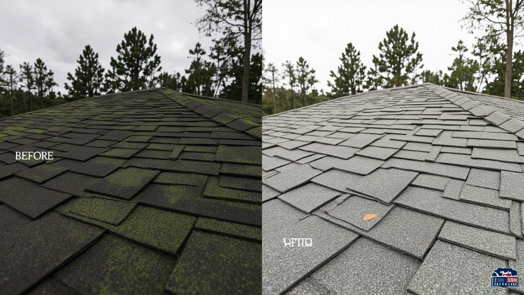 Side-by-side before and after photograph of an asphalt shingle roof cleaned by Firehouse SoftWash