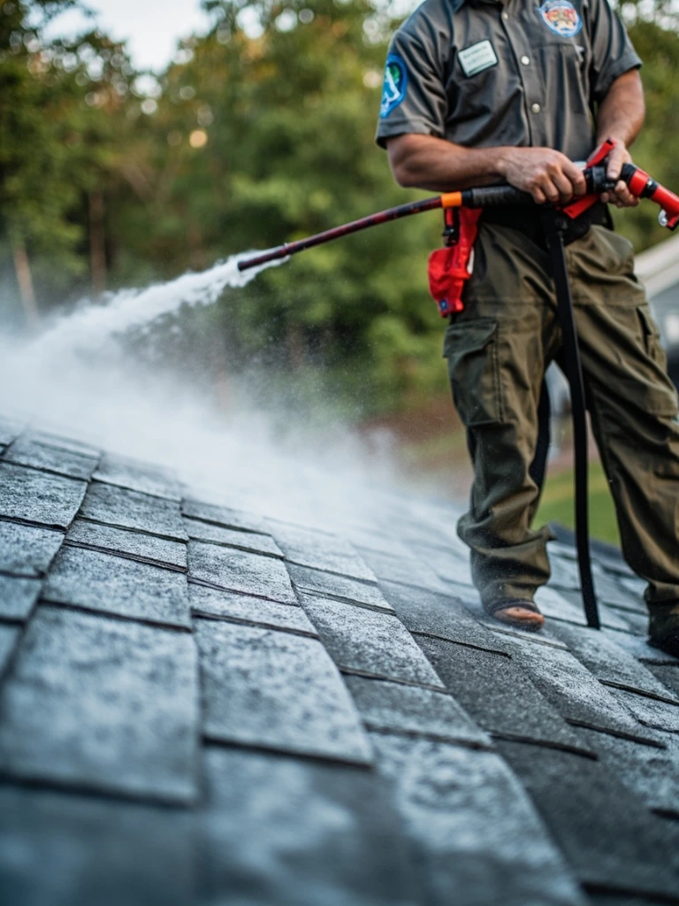 Technician applying low-pressure soft-wash solution to an asphalt shingle roof, removing algae streaks